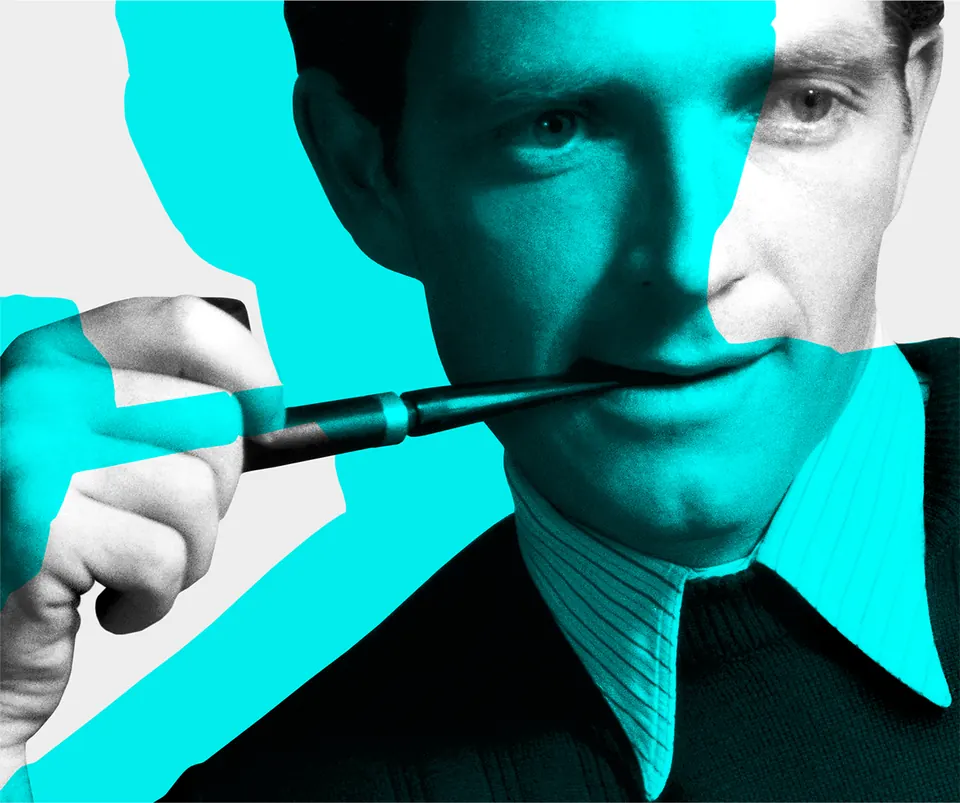 Bruce, der virtuelle Gründer der Agentur, als cyanfarbenes Duotone-Porträt