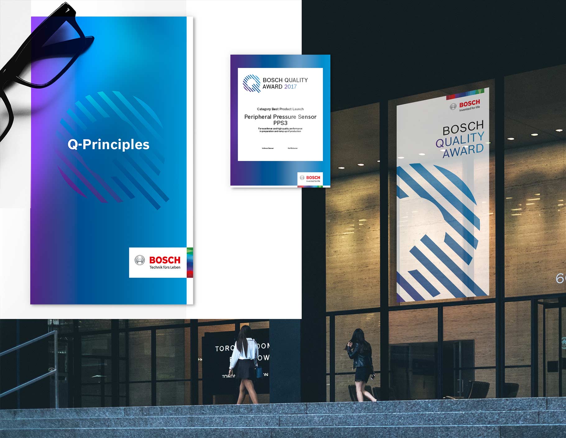 Collage aus Bosch Quality Principles Broschüre, Bosch Quality Award Urkunde und Bild zweier Frauen, die vor einem Bosch Quality Award Banner laufen.