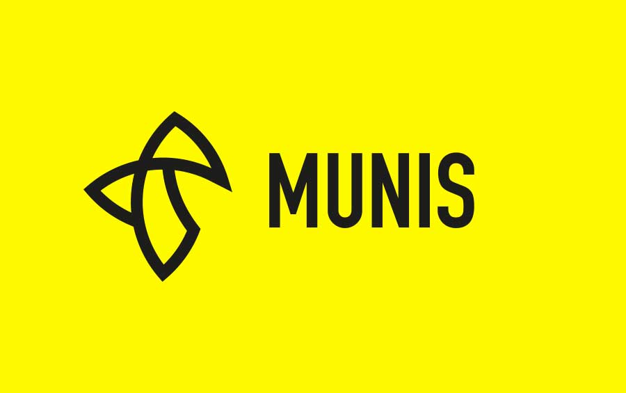 Schwarzes Munis Logo, auf gelbem Grund