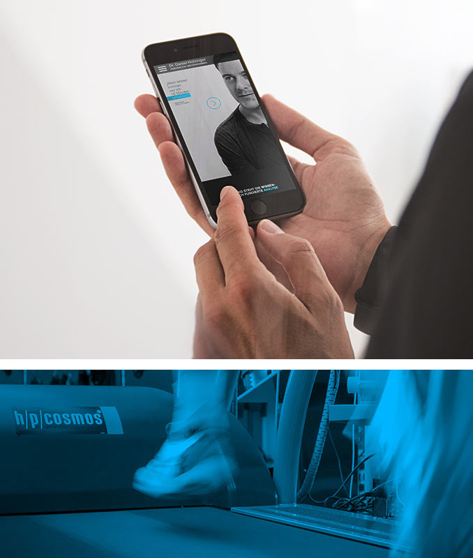 oben: Ansicht der Webseite auf einem Smartphone. unten: Trainingssituation auf dem Laufband in blauer Filteroptik.